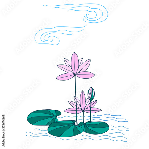Art & Illustration. Stylized illustration of a lotus in the water with clouds. Legends of Egypt.