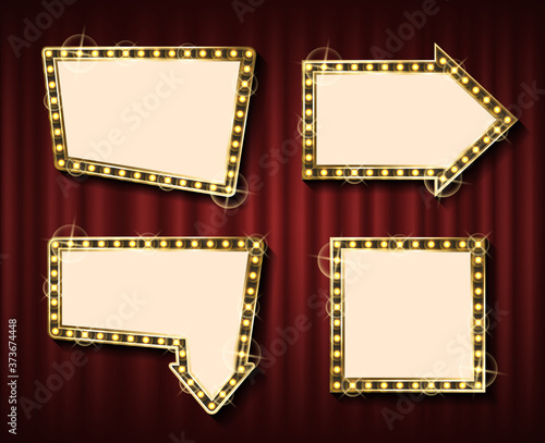 Theater curtain backdrop and blank frame with lamps. Round framework, concert or show banner template, evening event, light framing and textile. Geometrical glowing frame set on red curtain background