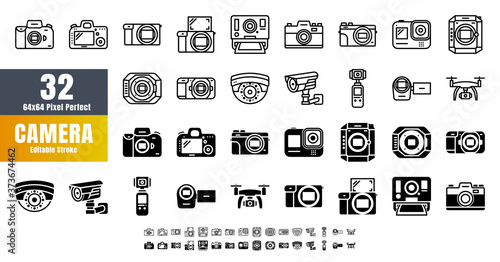 Bundle Vector of 32 Camera Line Outline and Solid Glyph Details Icon Set. 48x48 Pixel Perfect Editable Stroke.
