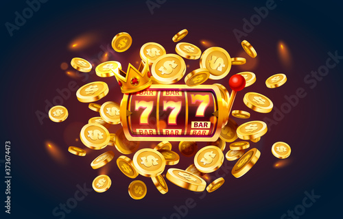 Slots 777 banner, golden coins jackpot, Casino 3d cover, slot machines and roulette with cards. Vector