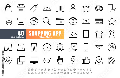 48x48 Pixel Perfect of Ecommerce Online Shopping App User Interface. Such as Shop, Warrnaty, Clothing, Cart, Delivery, Price Tag, E-Wallet. Thin Line Outline Icons Vector. Editable Stroke.