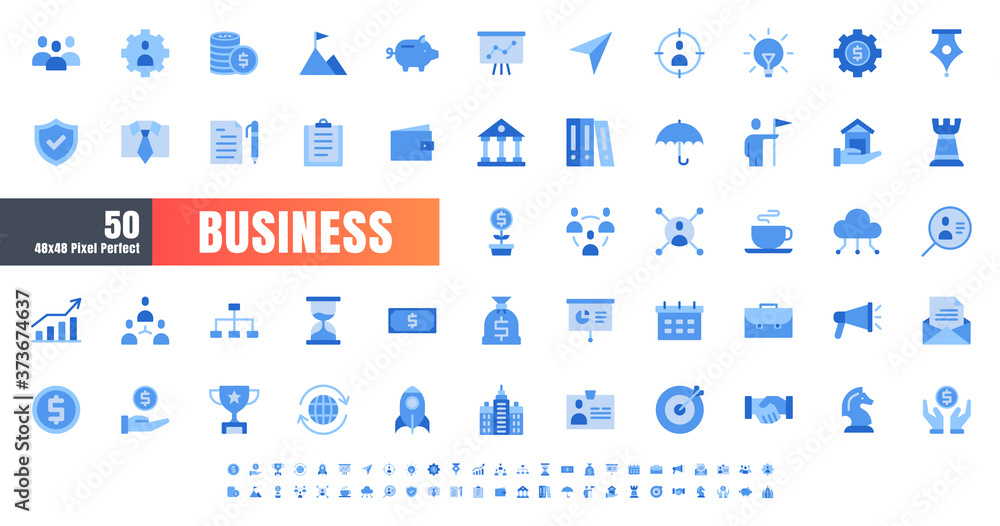 Vector of 50 Business and Financial Solid Monochrome Flat Color Icon Set. 48x48 and 192x192 Pixel.