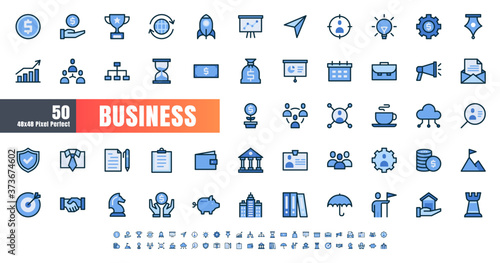 Vector of 50 Business and Financial Solid Monochrome Flat Color Line Icon Set. 48x48 and 192x192 Pixel Perfect.