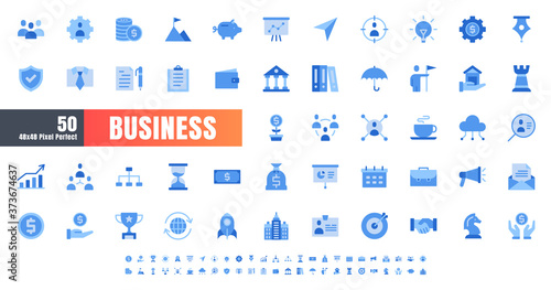 Vector of 50 Business and Financial Solid Monochrome Flat Color Icon Set. 48x48 and 192x192 Pixel.
