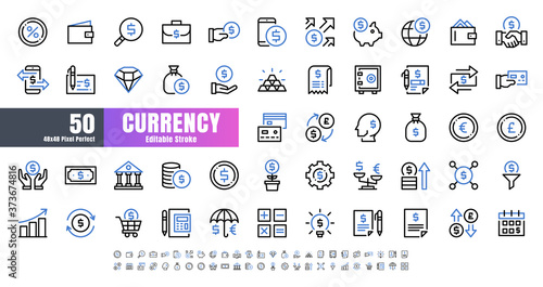 Vector of 50 Currency FInancial Bicolor Line Outline Icon Set. 48x48 Pixel Perfect Editable Stroke.