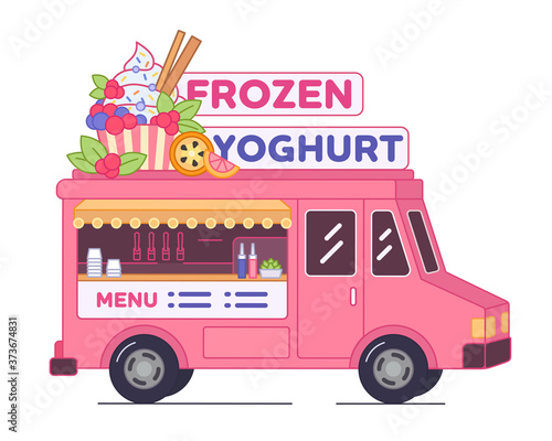 Frozen yoghurt van bar - isolated illustration. Pink street food truck of yogurt ice cream. Mobile bar of low calorie desserts in car 