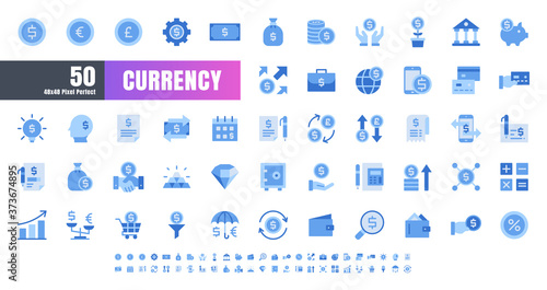 Vector of 50 Currency FInancial Monochrome Flat Blue Icon Set. 48x48 Pixel Perfect.