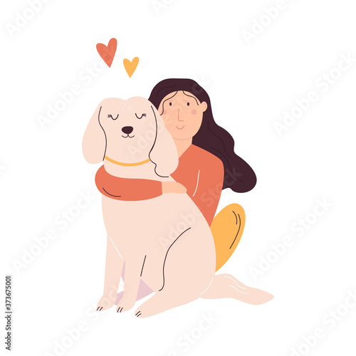 Young girl hugging her dog. Love your pet concept