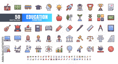 Vector of 50 Education and School Subject. Filled Gradient Color Line Outline Icon Set. 64x64 and 256x256 Pixel Perfect Editable Stroke.