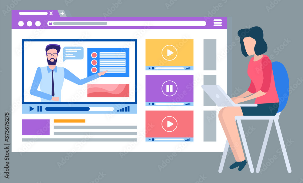 Woman character communication with laptop, watching webinar. Website with video icons, media app, people education online, distance studying vector Woman character communication with laptop, watching webinar. Website with video icons, media app, people education online, distance studying vector
