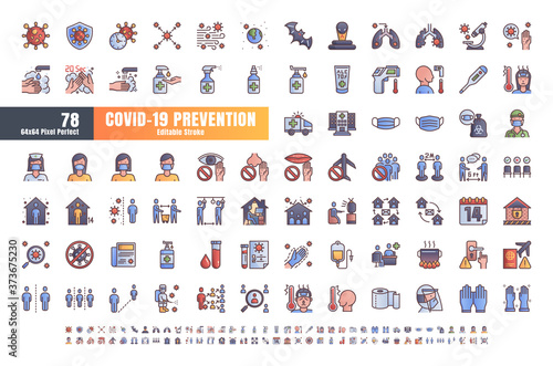 Vector of 78 Covid-19 PreventionGradient Filled Outline Icons. Coronavirus, Social Distancing, Quarantine, Stay Home. 64x64 Pixel Perfect. Editable Stroke.