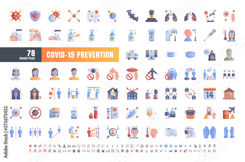 Vector of 78 Covid-19 Prevention Gradient Flat Icons. Coronavirus, Social Distancing, Quarantine, Stay Home. 64x64 Pixel.