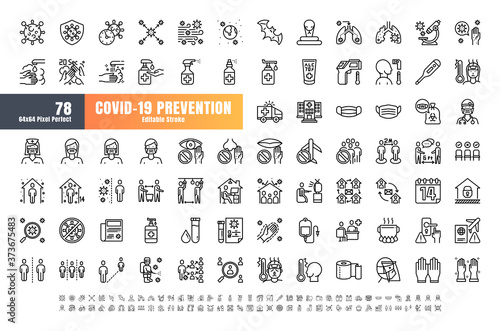 Vector of 78 Covid-19 Prevention Line Outline Icons. Coronavirus, Social Distancing, Quarantine, Stay Home. 64x64 Pixel Perfect. Editable Stroke.