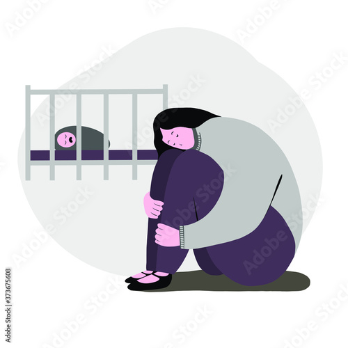 Depressed young woman. Young, tired mother is not suited to a crying baby and feels guilty. Flat vector illustration.