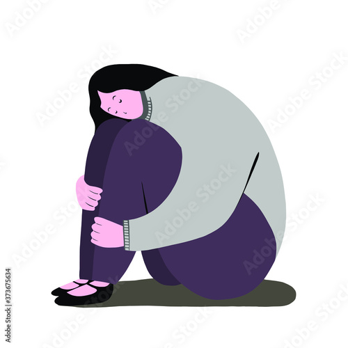 Flat vector illustration of depressed sad girl sitting in a closed pose, hugging her knees. The concept of support and care for people under stress. Psychology, depression, bad mood.