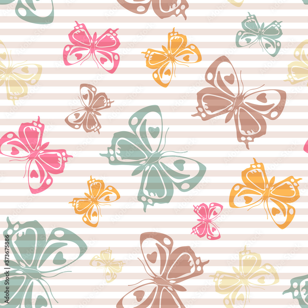 Obraz premium Flying butterfly silhouettes over striped background vector seamless pattern.