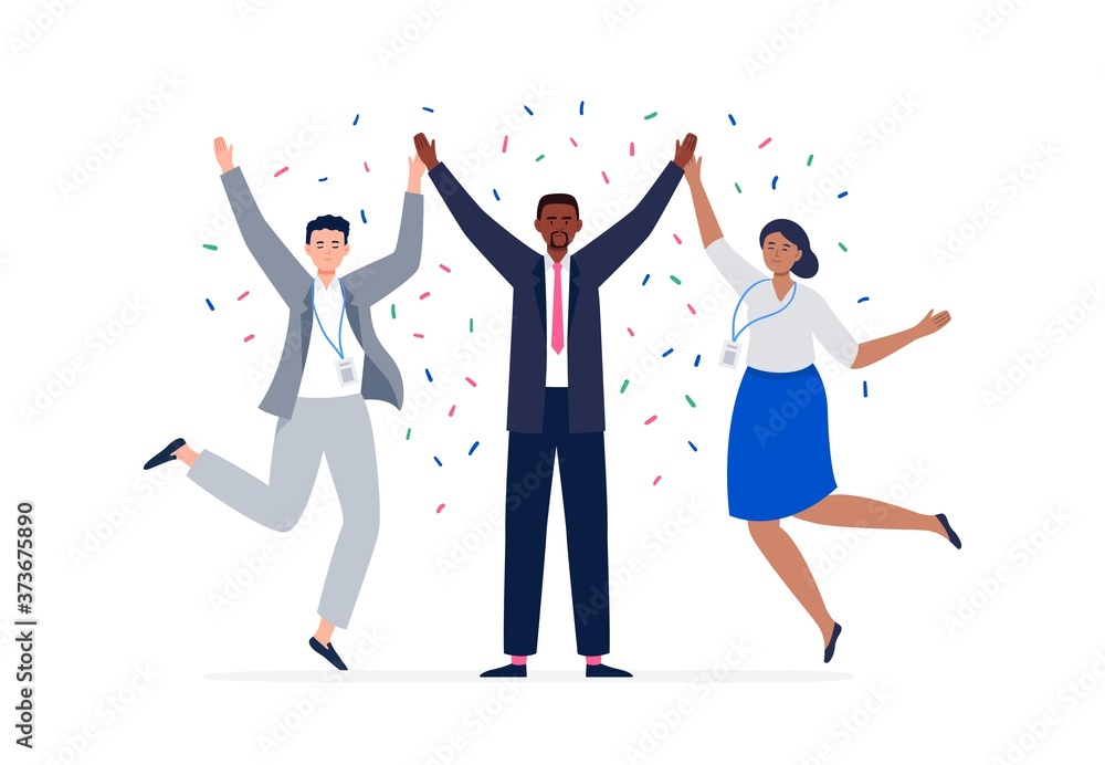 A multiethnic team jumping and celebrate the election win. Pre-election campaign. Promotion and advertising of candidate. Voting concept. Vector flat illustration for the landing page, banner, ad. 