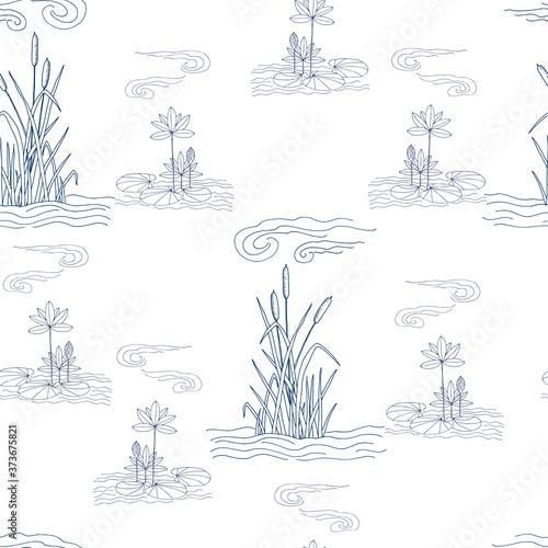 Art & Illustration. 
Seamless pattern stylized drawing blooming lotus and cattail. Legends of Egypt.