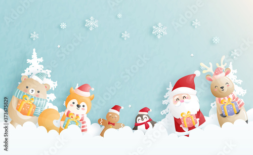 Christmas card, celebrations with Santa and friends, Christmas scene in paper cut style vector illustration. 