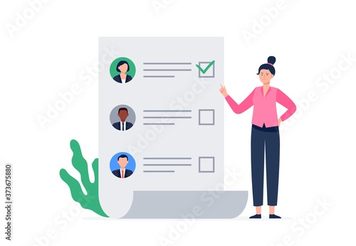 A young woman chooses a political candidate. Voting and election concept. Vector flat illustration for the landing page, banner, ad. 