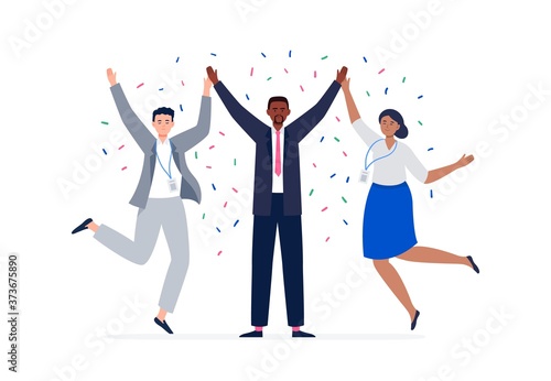 Fototapeta Naklejka Na Ścianę i Meble -  A multiethnic team jumping and celebrate the election win. Pre-election campaign. Promotion and advertising of candidate. Voting concept. Vector flat illustration for the landing page, banner, ad. 