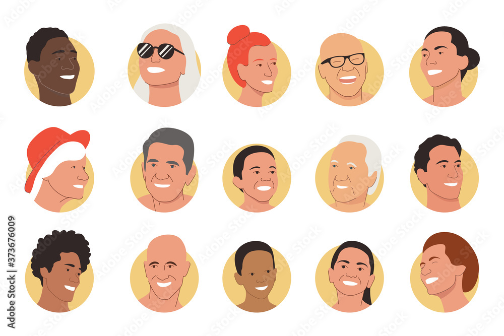 Set of portraits of different people. Vector illustration with set of 15 different portraits of happy smiling men, women, children, teenagers with yellow avatar background. Icon, avatar, profile image Set of portraits of different people. Vector illustration with set of 15 different portraits of happy smiling men, women, children, teenagers with yellow avatar background. Icon, avatar, profile image