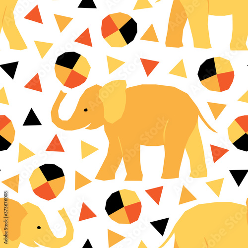 Seamless pattern with circus animals in geometric style. Vector illustration with african elephants. Kids fashion fabric design.