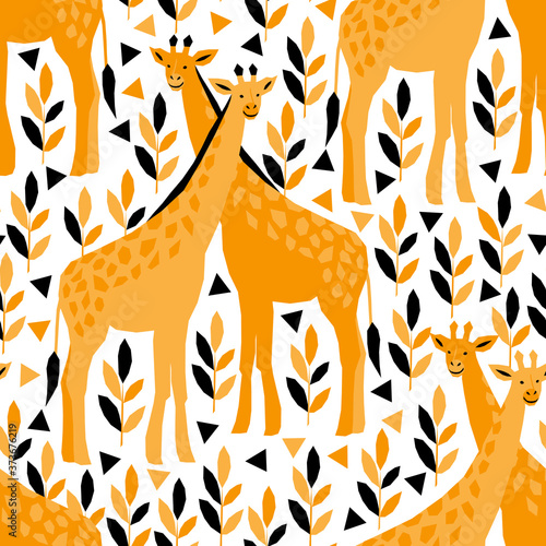 Seamless pattern with wild animals in geometric style. Vector illustration with african safari. Kids fashion fabric design. Cute giraffes.