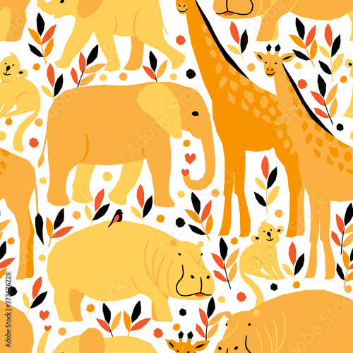 Seamless pattern with wild animals in geometric style. Vector illustration with african safari. Kids fashion fabric design.