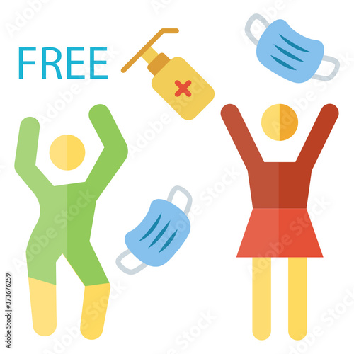 family throwing medical masks and sanitizer and celebrating victory over coronavirus pandemic quarantine Concept Vector Color Icon Design, Coronavirus Pandemic Defeat Symbol on White Background, 