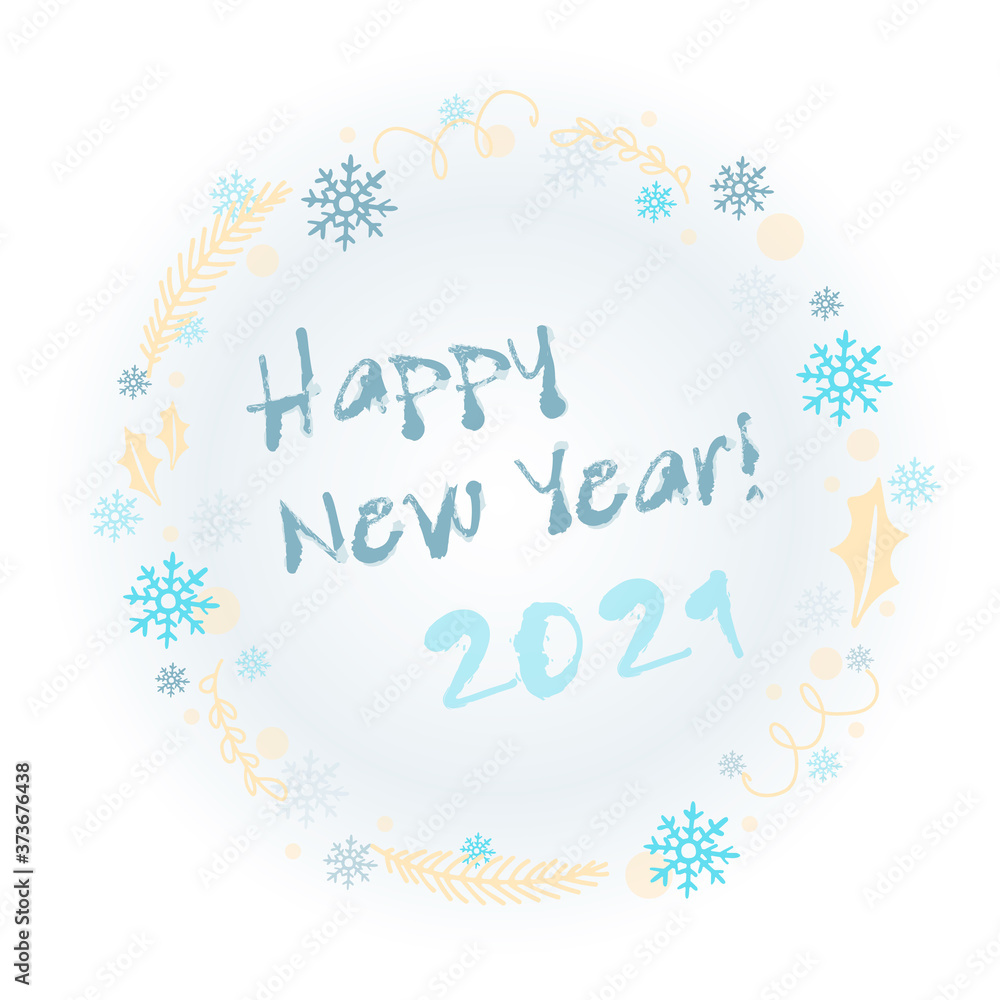 Happy new year 2021. Vector lettering with a wreath of serpentine, snowflakes, Christmas tree branch and Poinsettia leaf on gradient background.