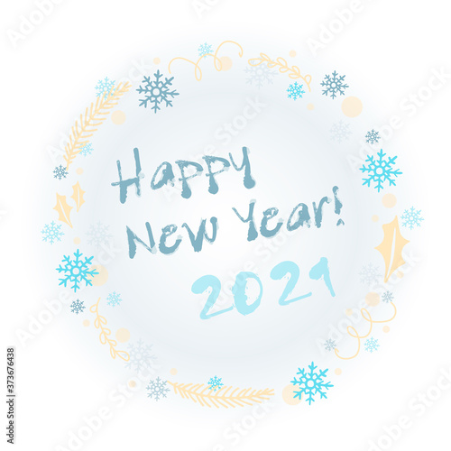 Happy new year 2021. Vector lettering with a wreath of serpentine, snowflakes, Christmas tree branch and Poinsettia leaf on gradient background.