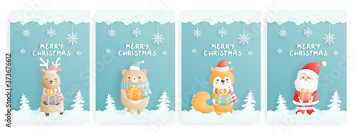 Set of Christmas card, celebrations with reindeer, Santa, beer and fox holding gift box, in blue Christmas scene, paper cut style vector illustration. 