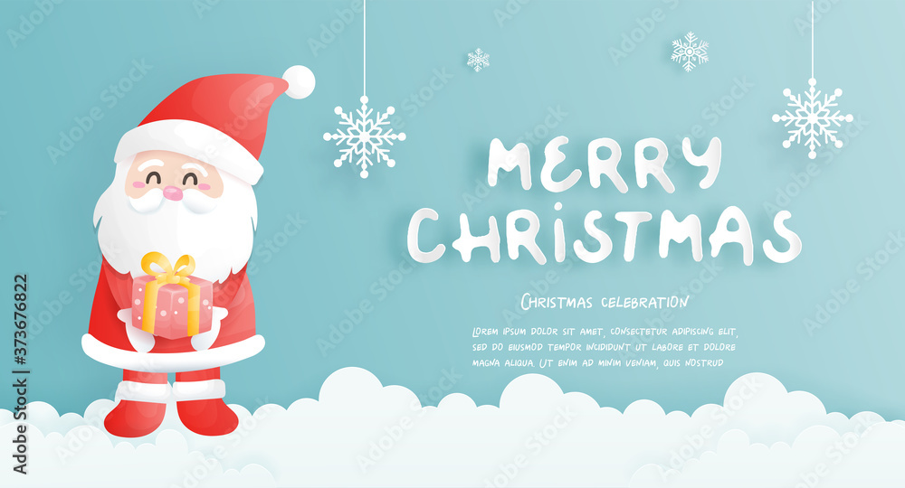 Christmas card, celebrations with cute Santa holding a gift box and Christmas scene , vector illustration. 