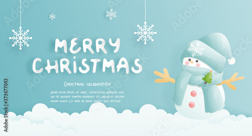 Christmas card, celebrations with cute snowman and Christmas scene , vector illustration. 
