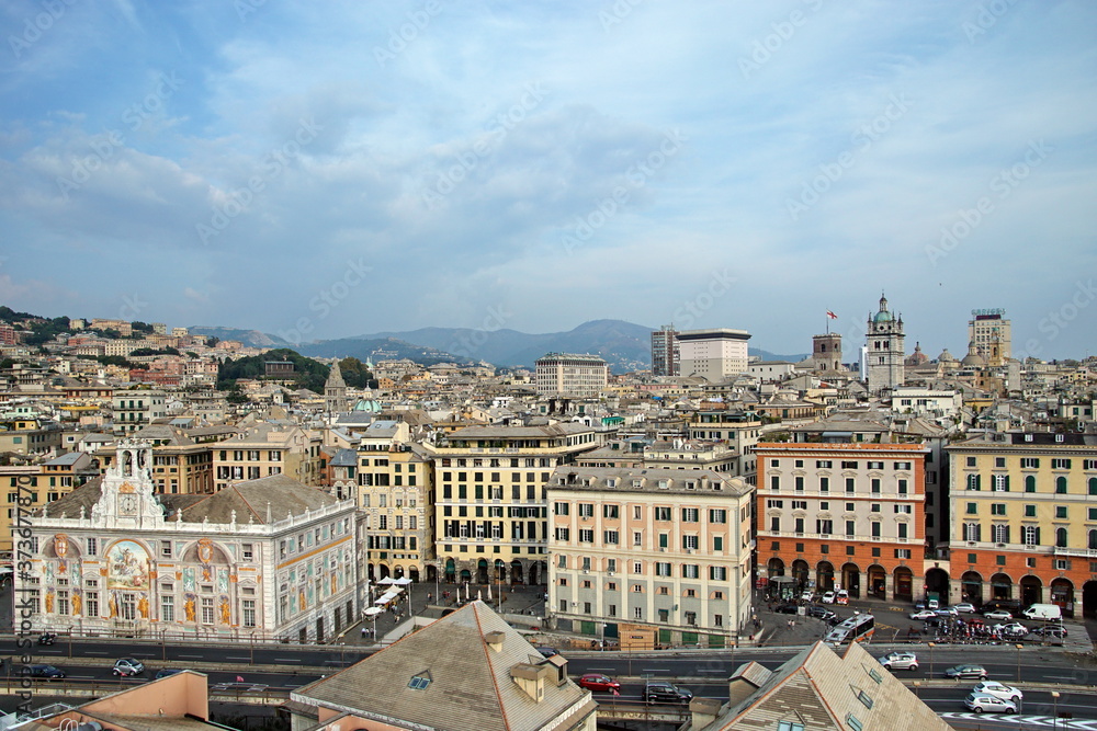 Top aerial scenic panoramic view from above of old historical centre quarter of european city Genova 