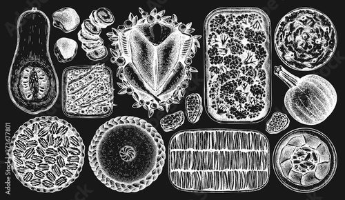 Thanksgiving day traditional dishes illustrations on chalkboard. Roasted turkey, cooked vegetables, rolled meat, pumpkin, cakes sketches. Vintage autumn food for Thanksgiving day dinner.