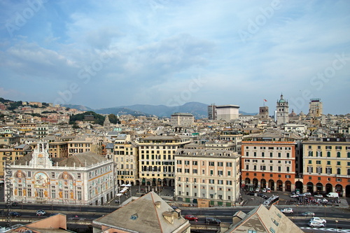 Top aerial scenic panoramic view from above of old historical centre quarter of european city Genova  © otmman