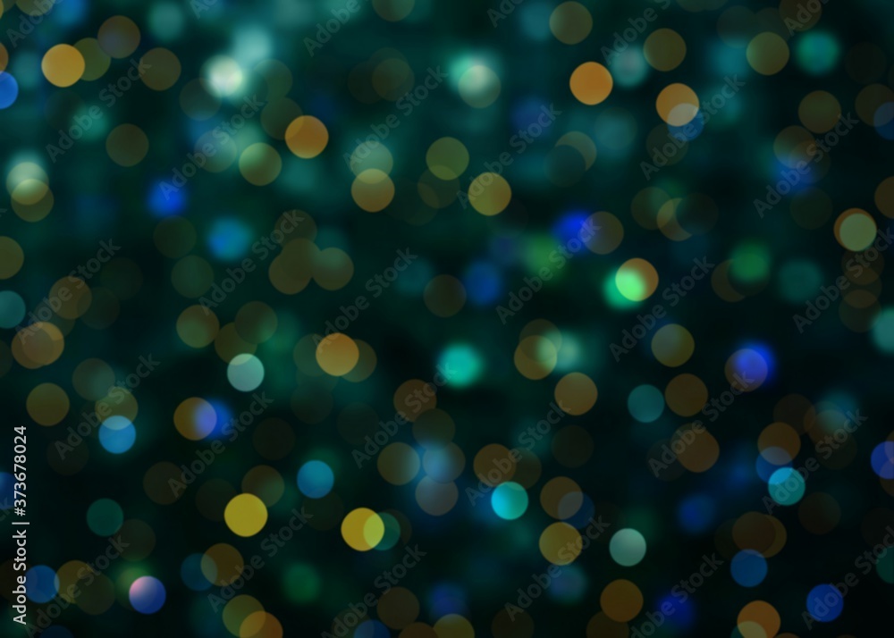 Green blue yellow garland lights on dark emerald Christmas tree blur texture. Holiday magical night abstract background. Bokeh pattern.