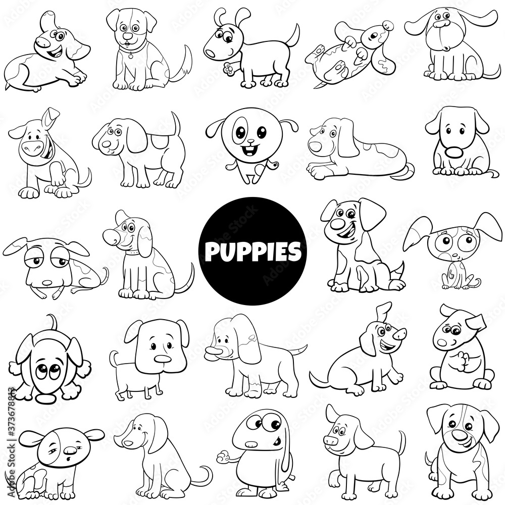 black and white cartoon puppy dog characters big set
