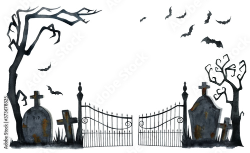 Watercolor vector Happy Halloween card isolated on a white background.