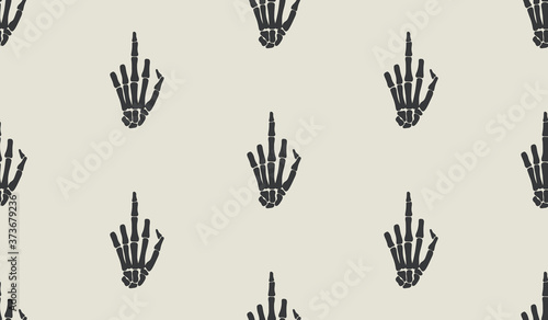 Fuck gesture sign, rentgen hand bones seamless pattern design. Skeleton hand background.  Funny tattoo old school print, wrapping paper, fabrics, branding, cloth print