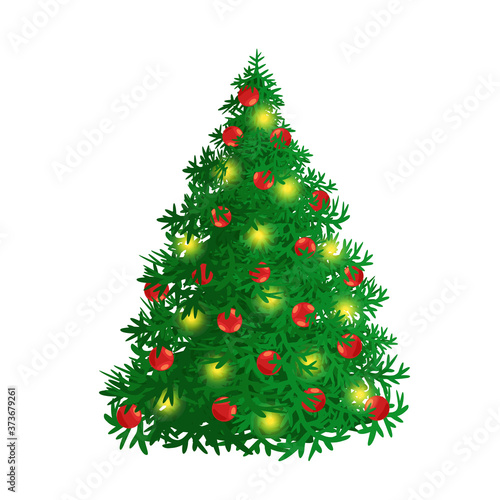 Lush and fluffy Christmas tree with balls and garlands. Decorated green spruce or pine. New Year Holidays. Cartoon vector illustration isolated on white
