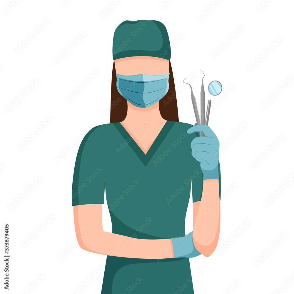 Dentist woman in mask and gloves holding instruments for examination teeth vector illustration.