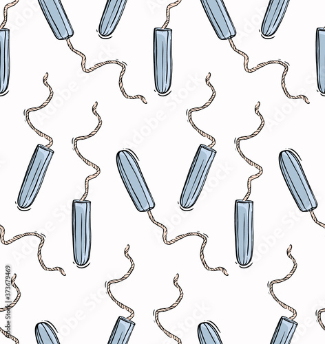 Tampons hygiene woman medical seamless pattern, period pads, sanitary napkins, menses protection, pms design. Hand drawn health self care sketch blue wwhite  background