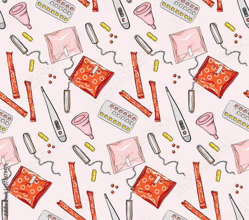 Woman period tools: sanitary napkins, period pads, tampons, vaginal cups, birth control protection, pms menstruational signs. Hand Drawn background, female illustration