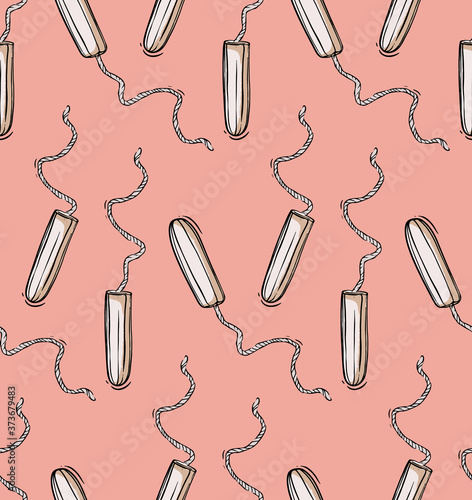 Tampons hygiene woman medical seamless pattern, period pads, sanitary napkins, menses protection, pms design. Hand drawn health self care sketch  background