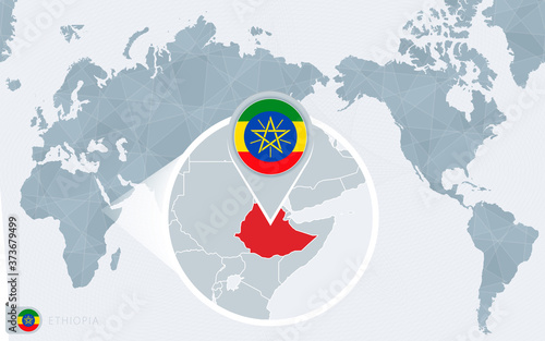 Pacific Centered World map with magnified Ethiopia. Flag and map of Ethiopia.