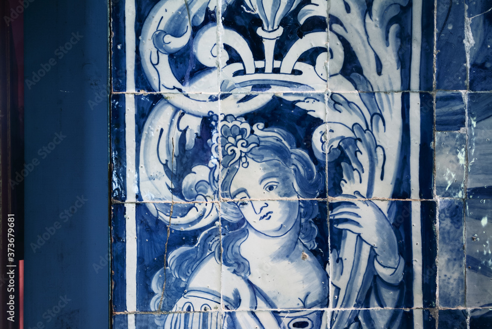 old Portuguese traditional ceramic tiles Azulejos of Sintra National Palace , Portugal.