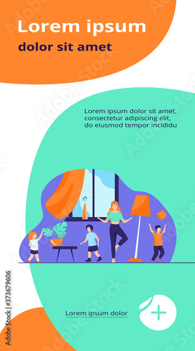 Mother standing calm in the middle of room flat vector illustration. Mischievous and naughty children making chaos. Parenting and behavior concept.